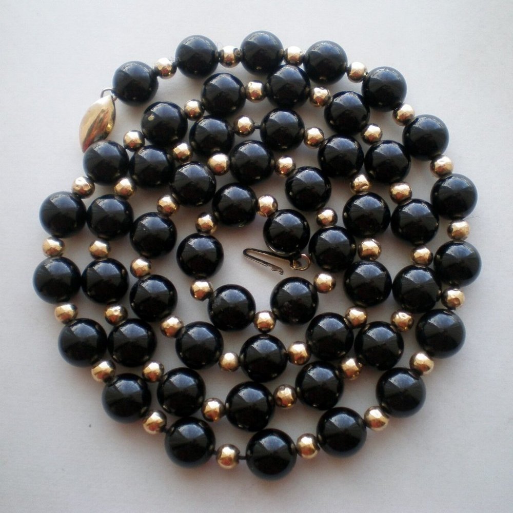 Designer Vintage 14K Gold Black Onyx Beads Beaded NECKLACE 23 3/4" 35.2 grams